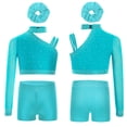 thumbnail image 3 of inlzdz Girls Ballet Jazz Hip Hop Modern Dance Outfits One Shoulder Crop Tops with Shorts Hairband Set Blue Green 6, 3 of 4