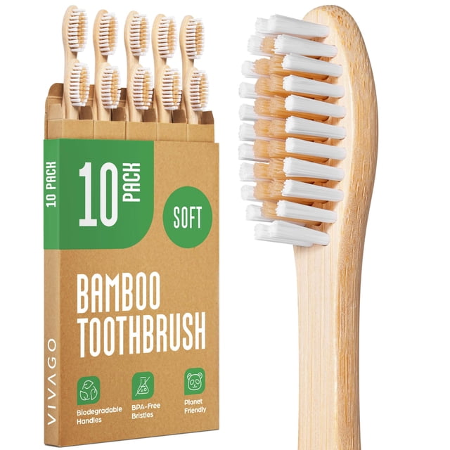 Cepillos de dientes VIVAGO de bambú, paquete de 10, suaves, libres de BPA