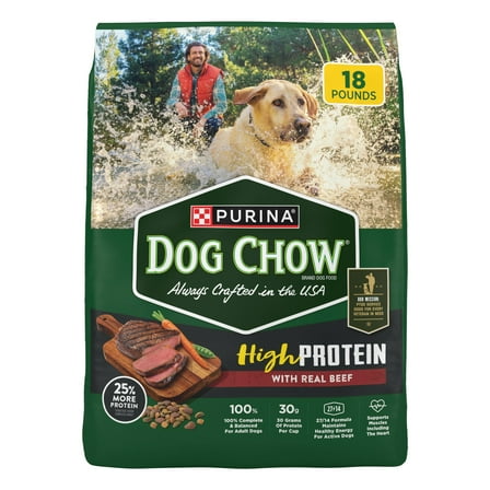 Purina Dog Chow High Protein Muscle Support Dry Dog Food with Real Beef, 18 lb Bag