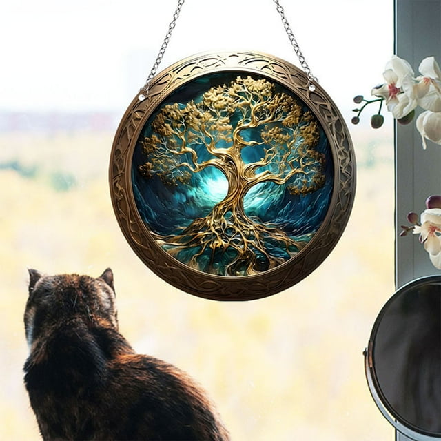 Adorno colgante para ventana Árbol de la Vida | Atrapasueños prismático | Disco redondo de acrílico para decoración de porches, hogar y jardín | Colgante decorativo de 15 cm con cadena y gancho