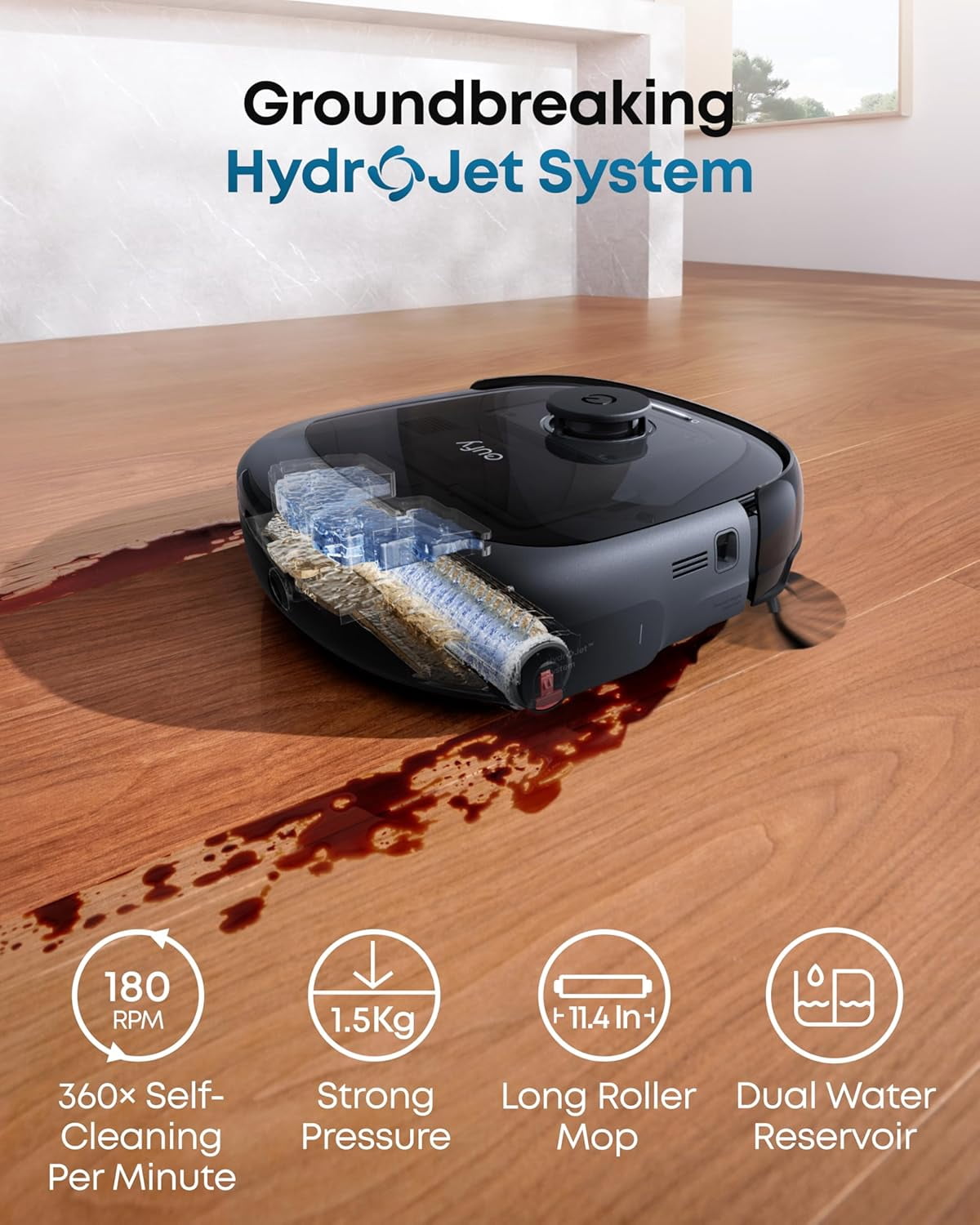 eufy All-in-One Robot Vacuum and Mop Combo E25, 20,000 Pa Suction,HydroJet Always-Clean Roller Mop, Edge-to-Corner Deep Cleaning, Zero-Tangle Design, AI Obstacle Avoidance