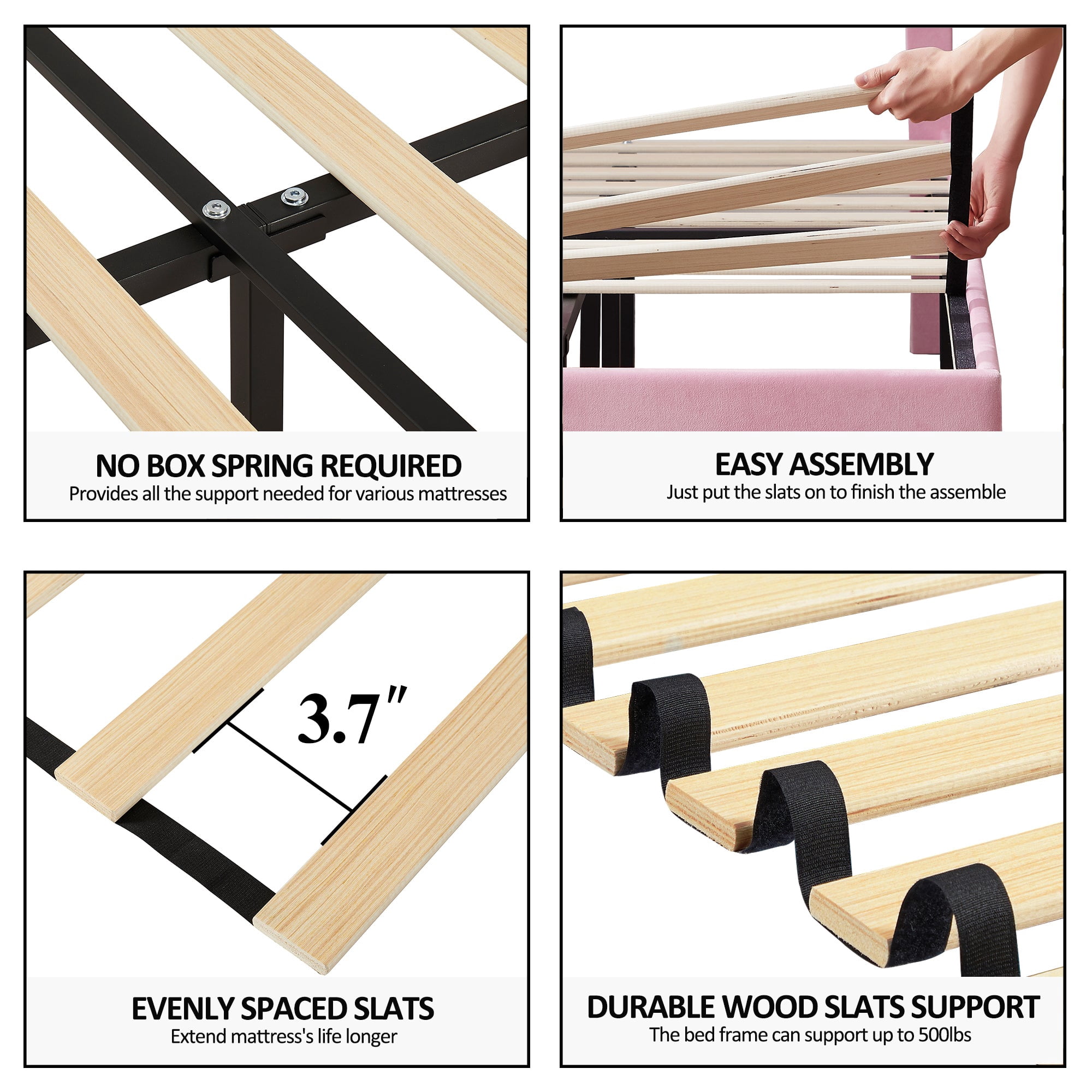 Katkuca Full Bed Frame, Upholstered Queen Size Platform Bed Frame with Adjustable Headboard, Strong Wood Slat Support, No Box Spring Needed, Pink
