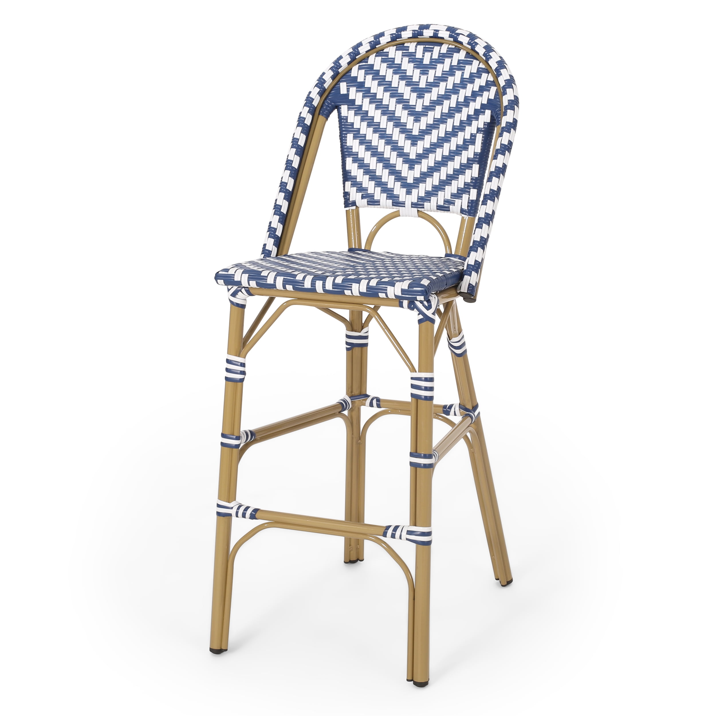 Outdoor French Style Bar Stool Set of 2 29.5 Inch, PE Rattan Frame Height Seats for Patio Bar, Navy Blue and White