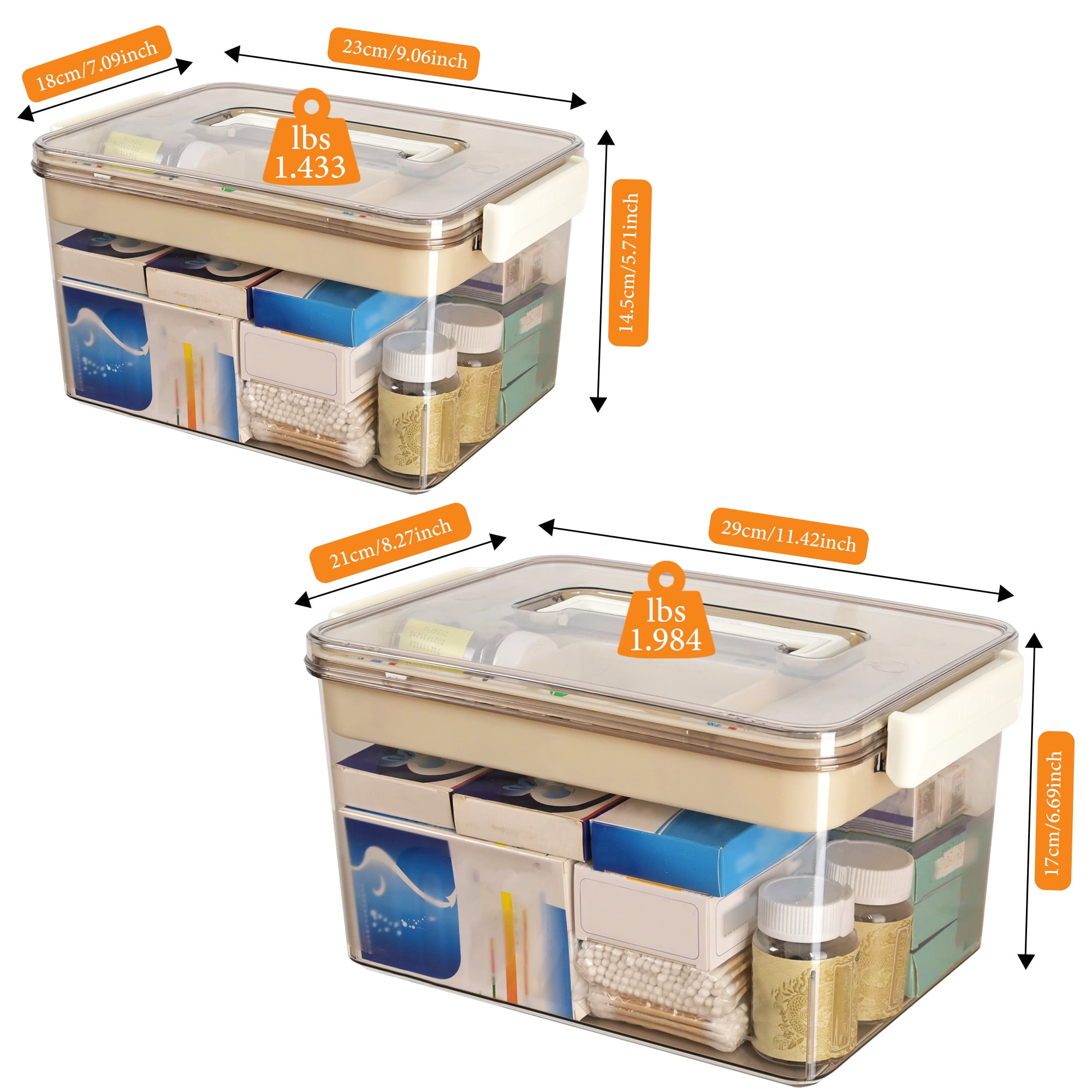 Storvive 2 Pack Medicine Storage Box with Handle, Clear Double-Layer Large Capacity Medical Storage Bins with Lid for Family Home, Travel