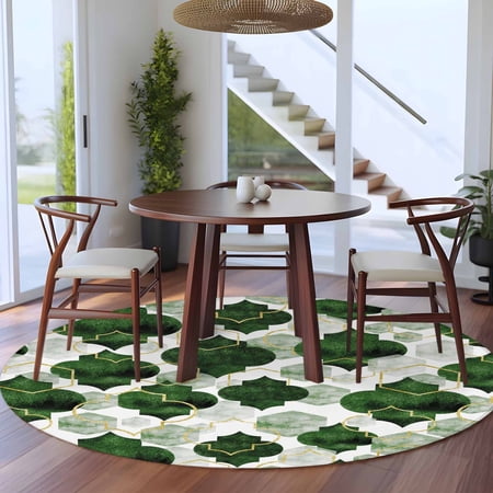 5ft Washable Round Rug Deep Green Moroccan Non-Slip Circle Area Rug for Living Room Bedroom Abstract Gradient Gold Green Geometric Indoor Floor Mat for Home Decor