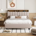 thumbnail image 3 of Harper & Bright Designs Queen Size Bed Frame with Storage Headboard and Twin XL Size Trundle, Linen Platform Bed with 2 Drawers and Sockets & USB Ports, Beige, 3 of 14