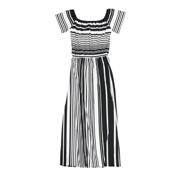Vestido a rayas Bar III para mujer con hombros descubiertos negro pequeño