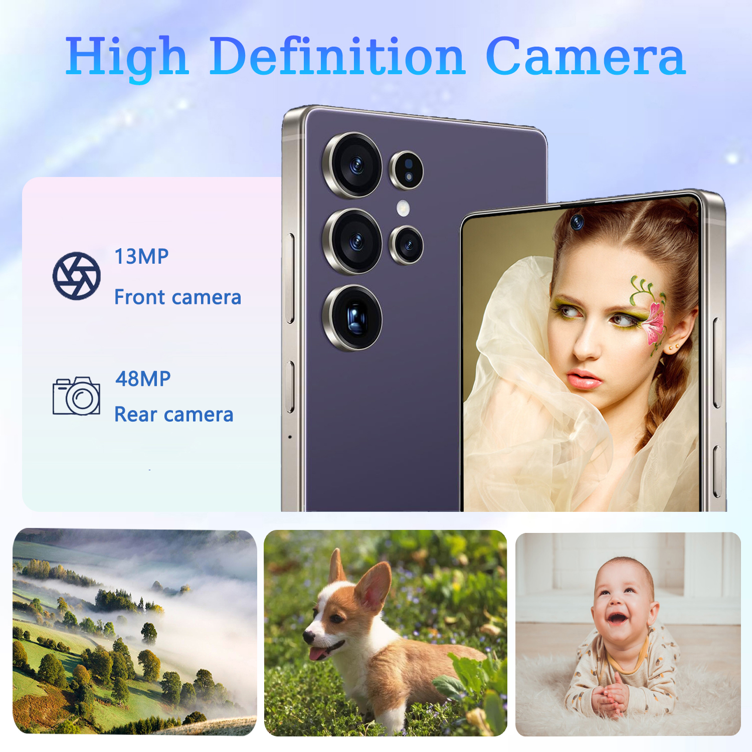 U25 Ultra 4G Unlocked Smartphone, 8GB+256GB Fully Cell Phone for Android 14, 6.8" Unlocked Cell Phone, 4500mAh, 13MP+48MP Dual Camera/Dual SIM(Purple)