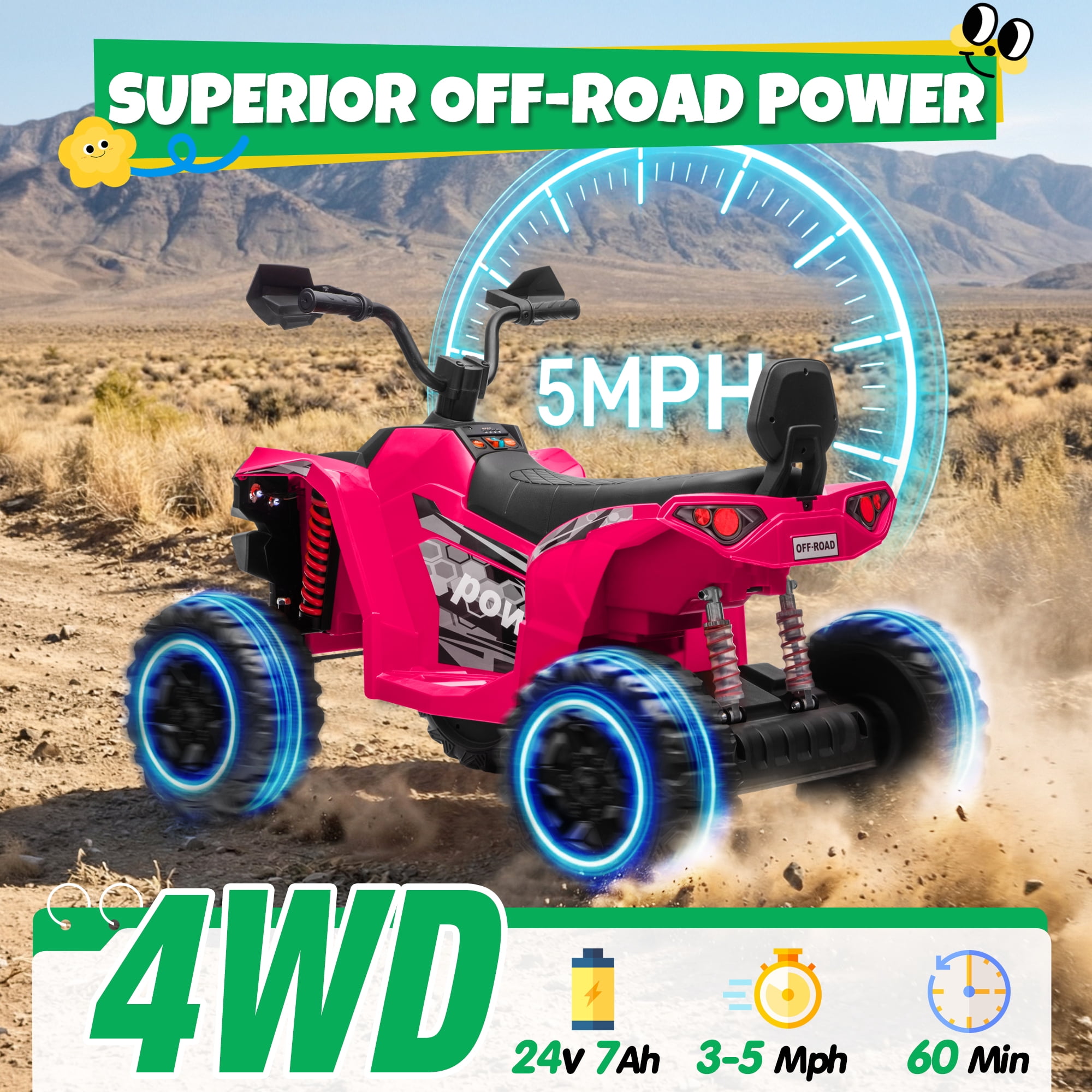 24V Kids Ride On ATV for Ages 3-8, 4WD Electric Quad with 4 Motors, Bluetooth Music, LED Lights, Spring Suspension, 3-5 km/h, 110 lbs Capacity, Battery Powered Toy for Boys Girls, Pink