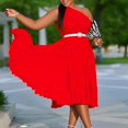 thumbnail image 4 of Casual Volants une Épaule Partie Robe Femmes Solide Plissé Rue Club Cocktail Midi Robes avec Ceinture, 4 of 7