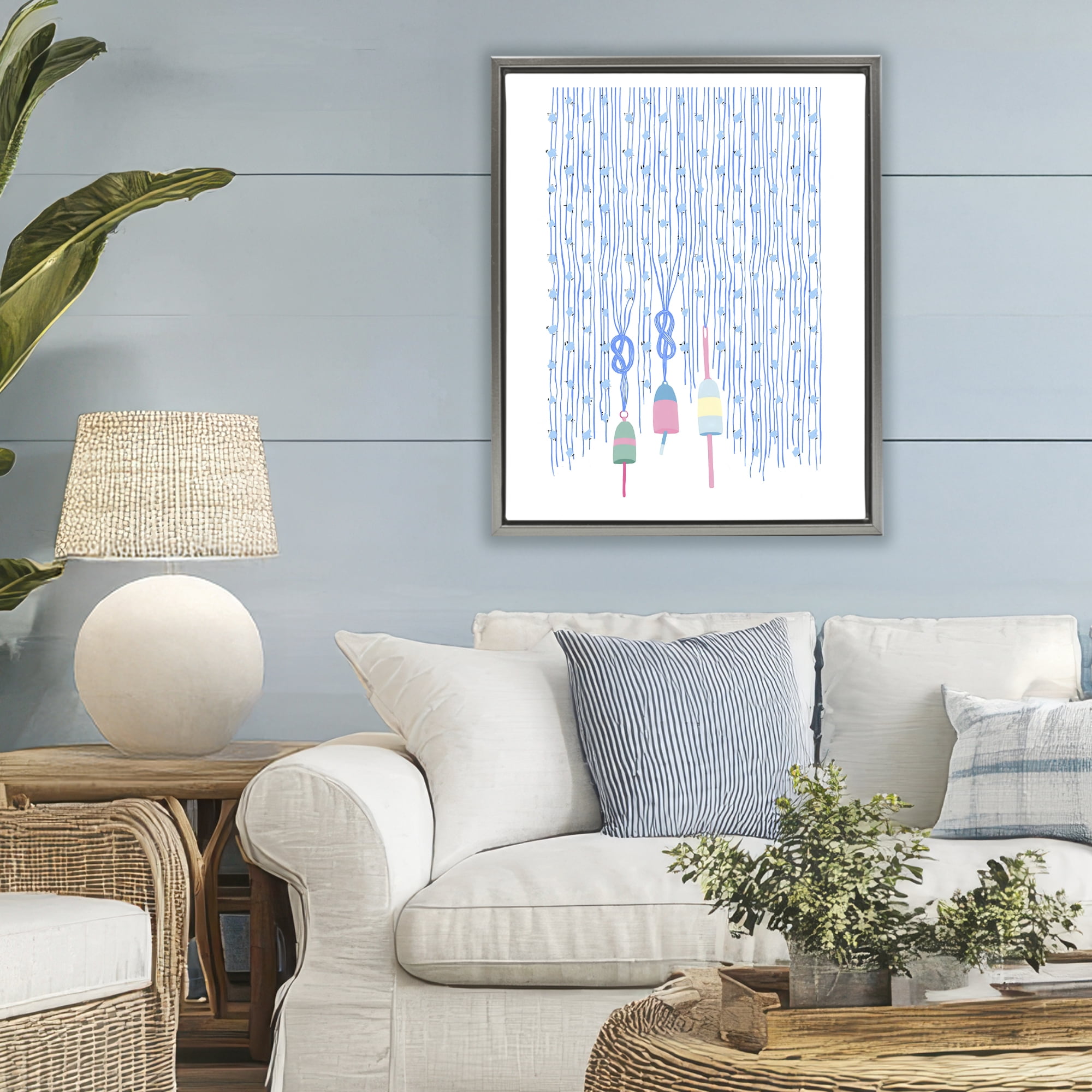 Stupell Industries Hanging Buoys on Ropes Gray Framed Floater Canvas Wall Art, design by Melissa Tilley