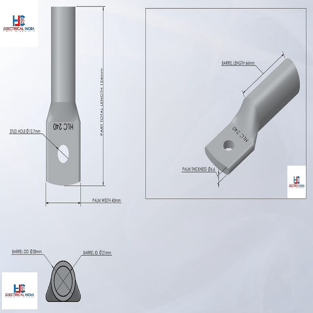 HLC Aluminum Lug | 240 mm² Wire Connector | Stud Hole | Heavy Duty Electrical Cable Lug | Crimp Type pack of 6