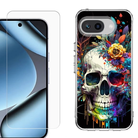 ShockProof Phone Case for Google Pixel 10a, with Screen Protector, by OneToughShield - Skull Flower