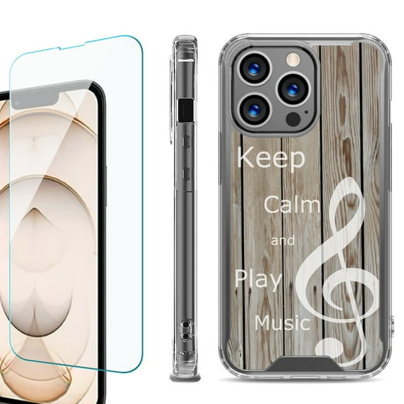 Shockproof Bumper Phone Case for iPhone 13 Pro Max, with Tempered Glass Screen Protector, by OneToughShield ® - Wood/Music