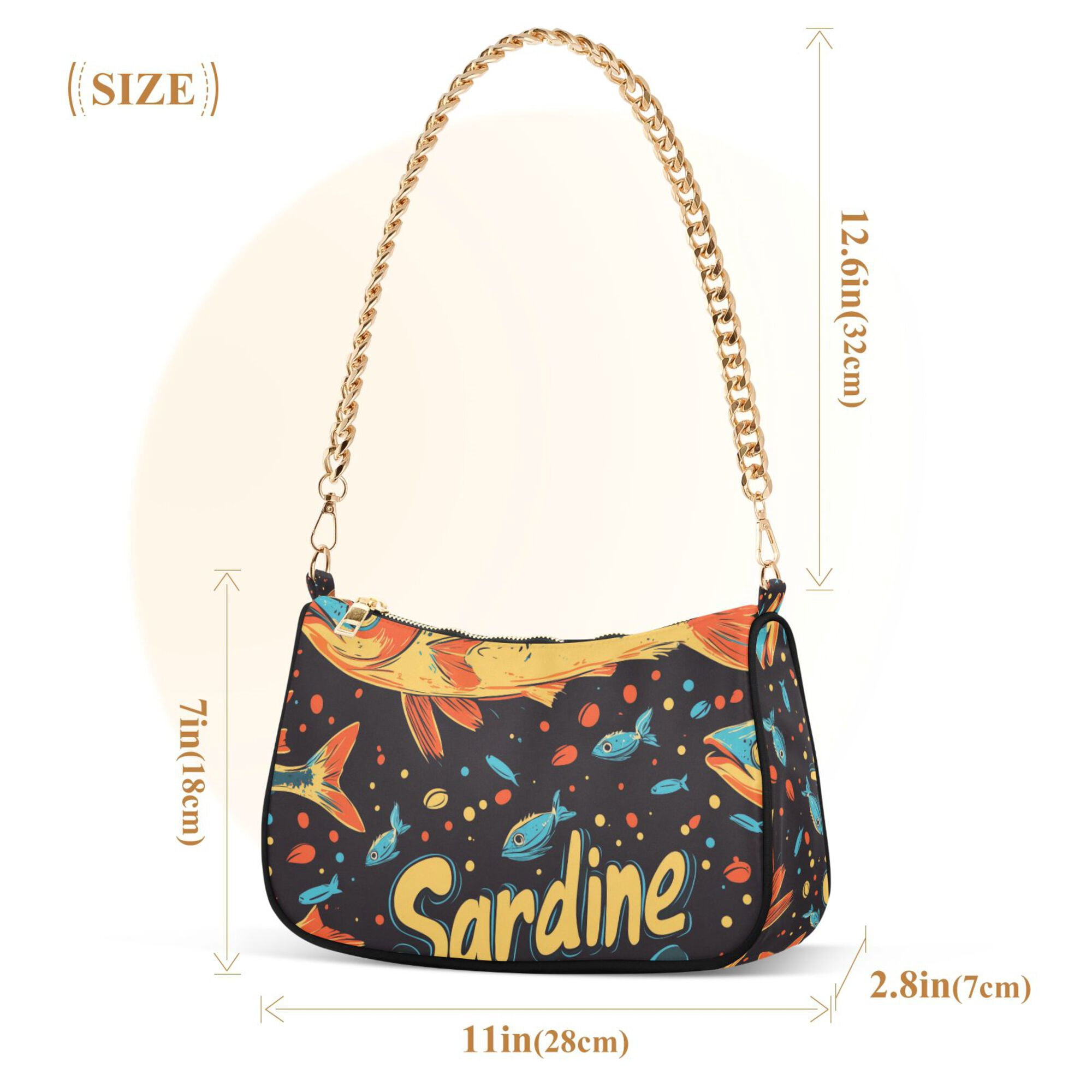 FORMRS Womens Shoulder Bag with Chain Strap Clutch Purse Cute Tote Handbag, Black Sardines Pattern