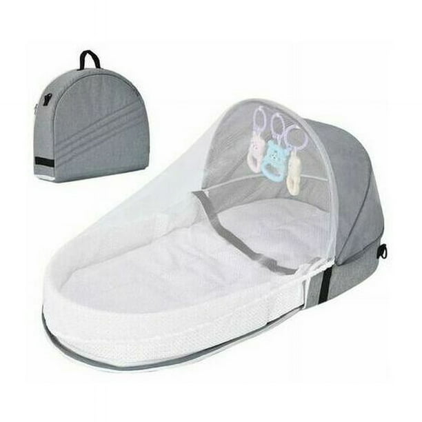Cama de viaje para bebé con mosquitera con dosel, cama plegable para bebé con mosquitera, cama de viaje biónica de algodón transpirable, nido de peluche, cama portátil antimosquitos para 0-36 meses