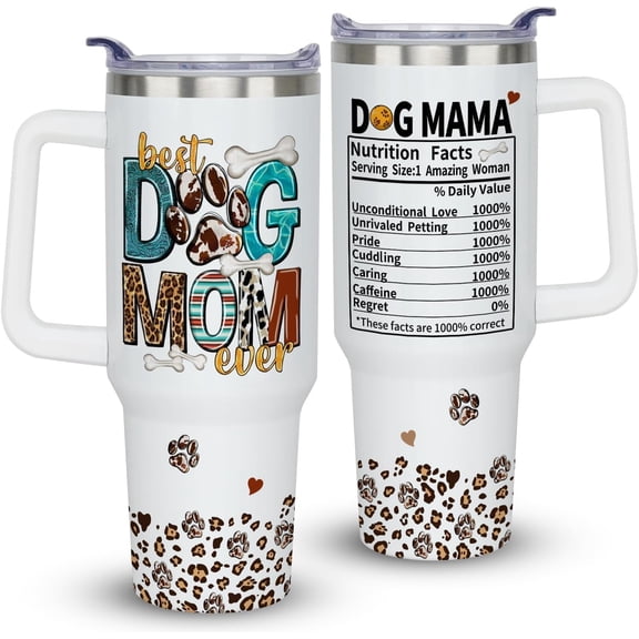 Best Dog Mom Mothers Day Birthday Christmas Gifts for Women, 40 oz Dog Mom Cup Tumbler with Handle Lid and Straw, Dog Lover Gifts for Dog Moms