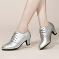 thumbnail image 2 of Women's Chunky Heel Lace Up Vintage Oxfords Pumps Almond Toe Block Mid Heels Dance Shoes Lightweight Dress Shoes Silver Size 7, 2 of 5