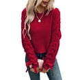thumbnail image 2 of Female Casual Pullover Loose Bows Solid Color Round Neck Trendy Knit Long Sleeve Sweater Wine Red XL, 2 of 9
