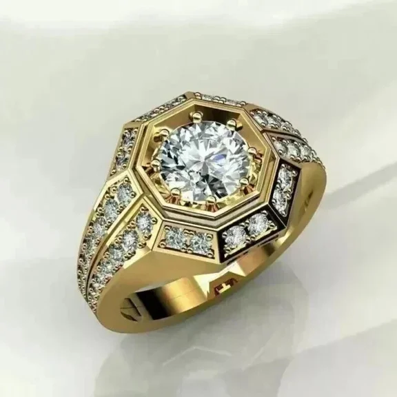 3.00Ct Round Cut Real Moissanite Men's Engagement Ring 14K Yellow Gold Plated