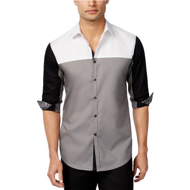 INC Camisa con botones en contraste con bloques de color para hombre, gris, XX-Large I-N-C Botones al frente