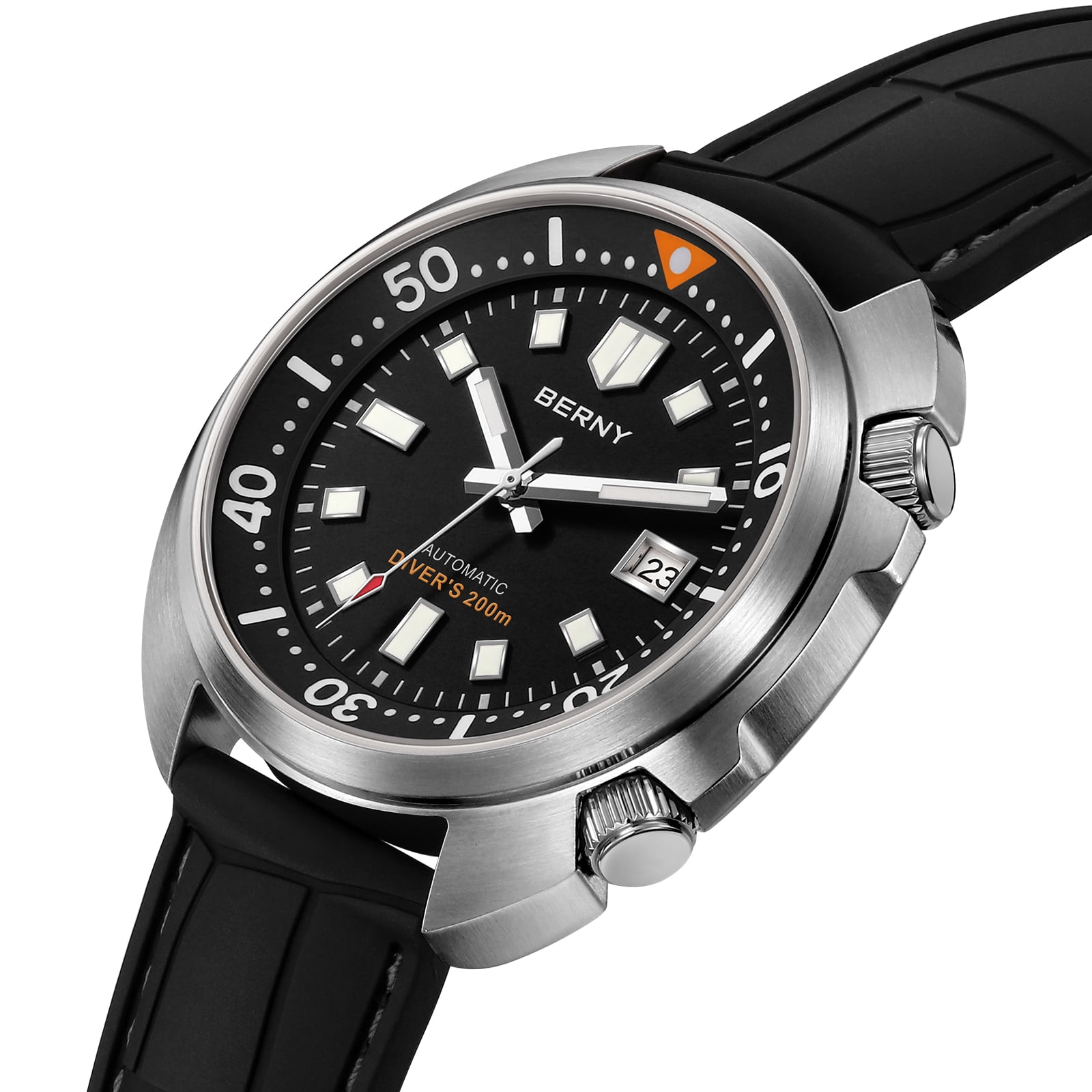 BERNY Automatic Dive Watches for Men, Sport 200M Waterproof Analog Mechanical Watch with Date Display, Super Luminous, Silicone Strap, Sapphire Crystal, Fashion Men's Diver Watch (Black)