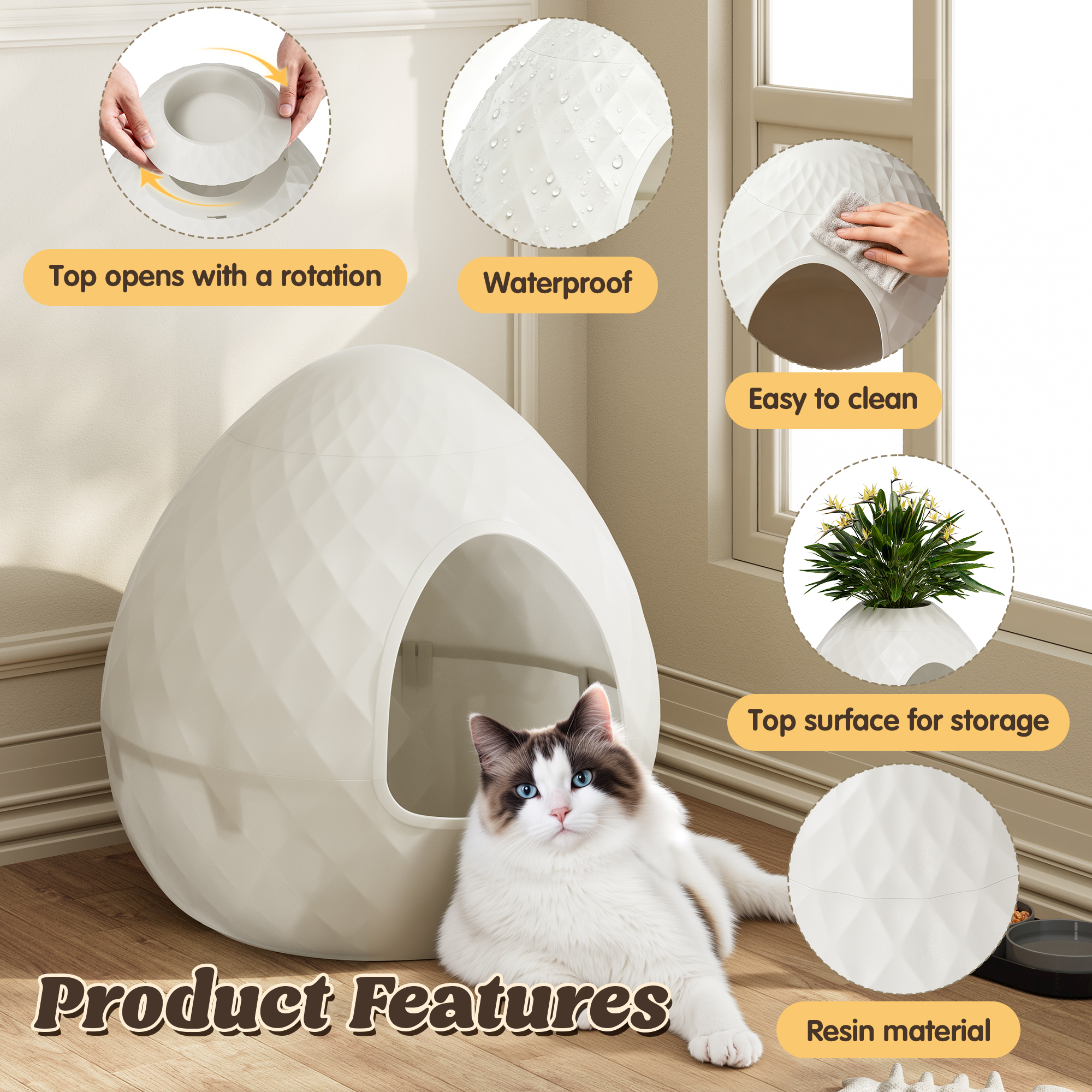 Bifanuo Cat Litter Box Enclosure Hidden Litter Box with Removable Planter Top, Egg-Shaped Resin Design, Tool-Free Quick Assembly,Multi-Functional for Living Room Indoor, White