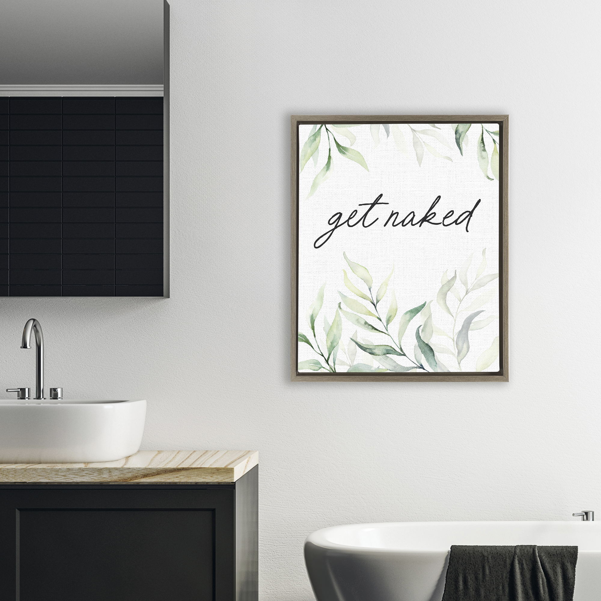 Get Naked Bathroom Herbs Brown Framed Floater Canvas Wall Art, design by Lettered and Lined