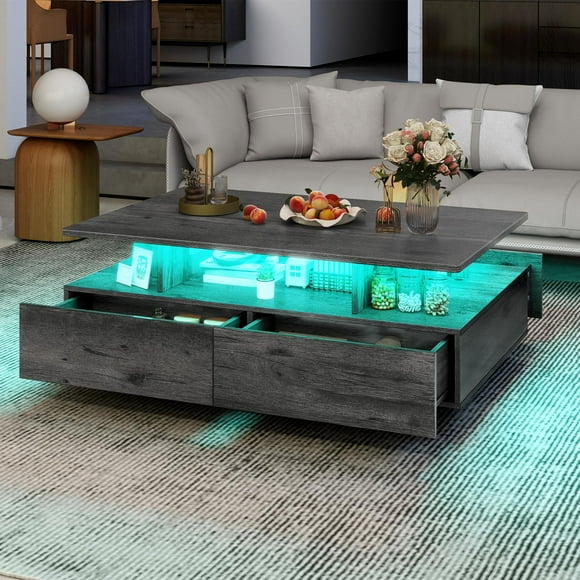 DEXTRUS Modern Coffee Table with 4 Storage Drawers , Center Cocktail Table with Adjustable Dimmable LED Lights, for Living Room, Grey Oak