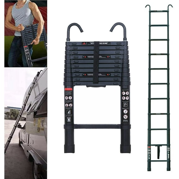 10 FT Aluminum Telescoping Ladder with 2 Detachable Roof Hooks, Extension Ladder Collapsible Ladders for Home, Lightweight Portable Multi Purpose Ladder Loft Ladder for Roof Ceiling, 330lbs Capacity