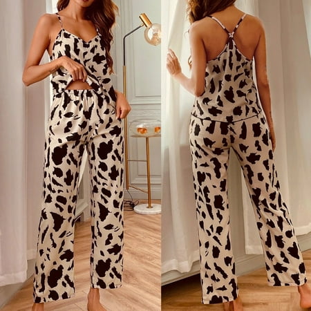 

Rong Yun Sling Pajamas Nightdress Lingerie Women Underwear Sleepwear Printed Nightdress Brown S