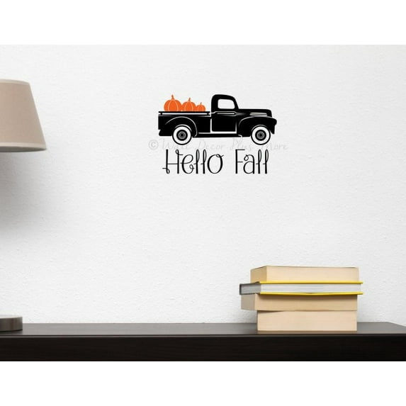 Vintage Truck with Pumpkins | Vinyl Art Sticker | Fall Home Decor Wall Decals 12x8-Inch Black/Orange