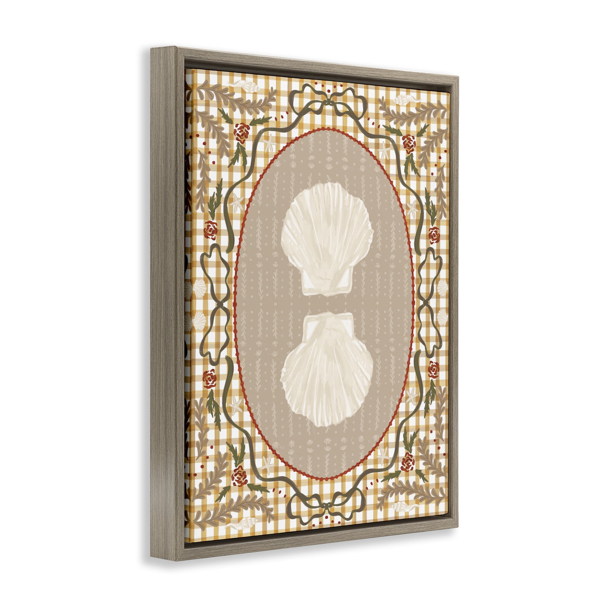 Stupell Industries Vintage Shells on Gingham Brown Framed Floater Canvas Wall Art, design by Vero Illustrates
