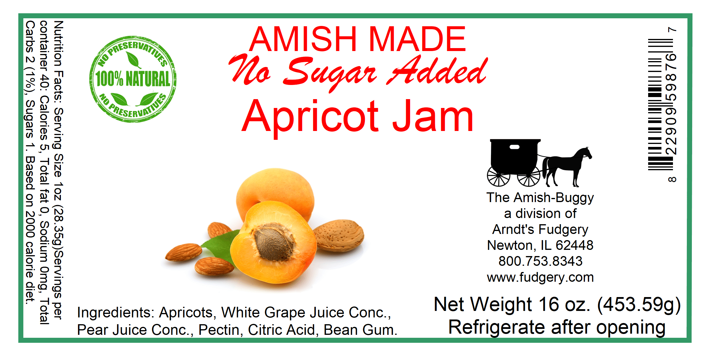 Amish Jam - No Sugar Added - 16 Oz Jar (Apricot 2 jars)
