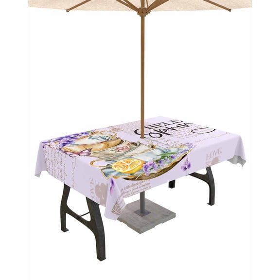 Fsddascl Hello Spring Outdoor Tablecloth - 54x80 Inch Rectangle Dining Table Cover, Purple Floral Botanical Vintage Coffee Cups Waterproof Outdoor Table Cloth with Umbrella Hole & Zipper for Patio