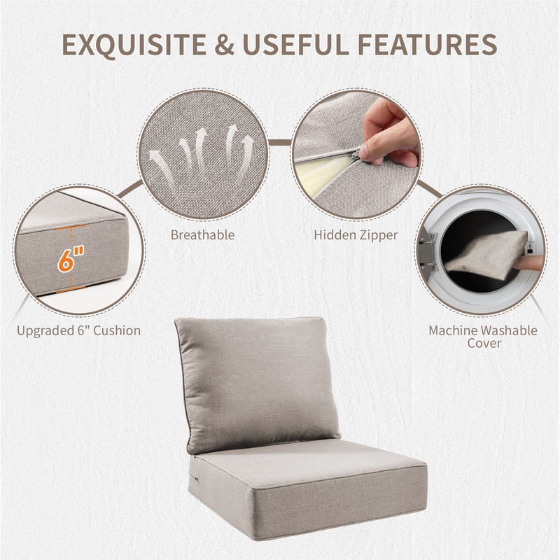 Giantfurnni Outdoor Deep Seat Cushion 24 X 24 X 6 Inch, Pack of 2, Patio Furniture Cushions with 6 Inch Foam Waterproof & Fade Resistant Perfect for Wicker Chair, Sofa, Couch, Beige