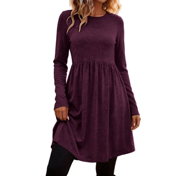 GUACER Fall Dresses for Women Long Sleeve Round Neck Casual Swing Dress Soft Winter Dress for Work & Weekend