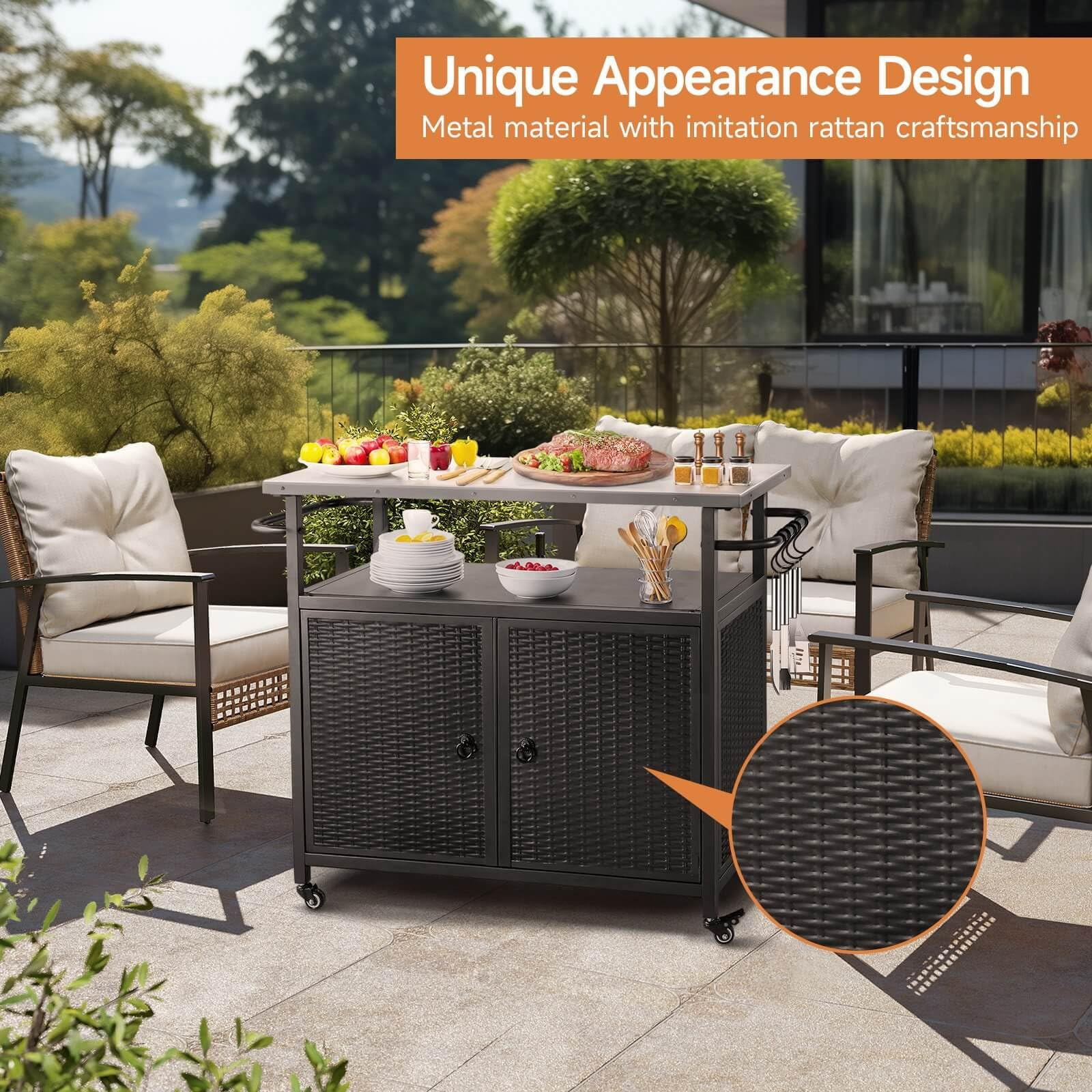 3-Tier Mobile Kitchen Island Cart | Stainless Steel BBQ Prep Table with Wheels, 71 Gal Storage for Outdoor Cooking, Parties & Backyard Fun - Black