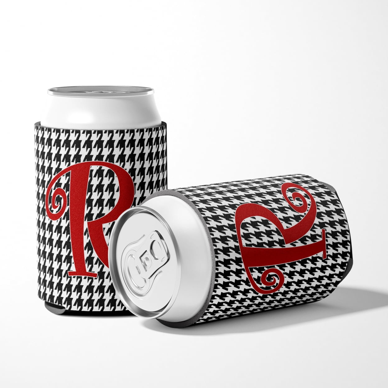 Letter R Initial Monogram - Houndstooth Black Can or Bottle Hugger
