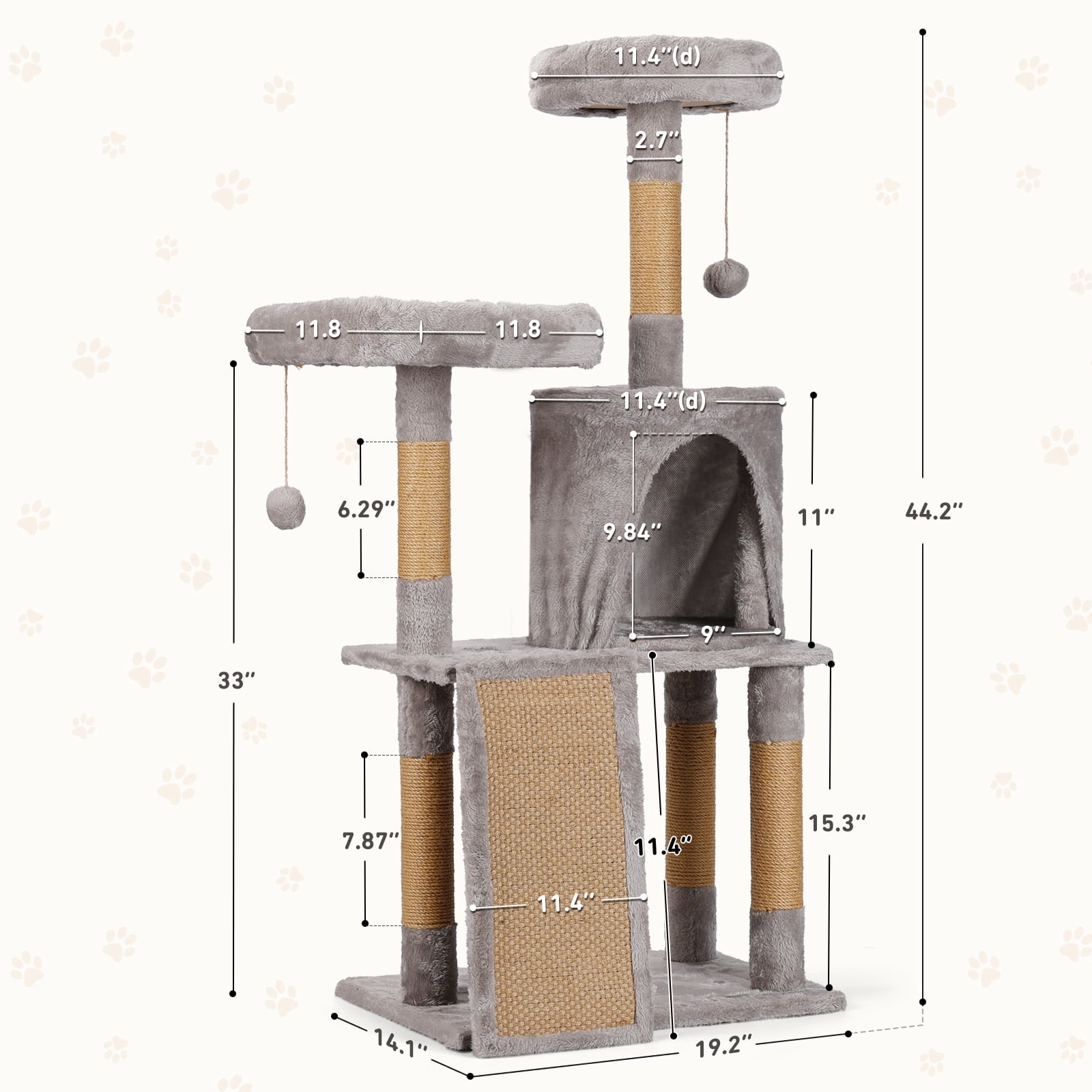 ZephyPaws 46in Cat Tree for Indoor Cats,Cat Tower with Scratching Post,Ramp,Perch,Cat Condo for Kittens,Elderly Cats,Light Gray