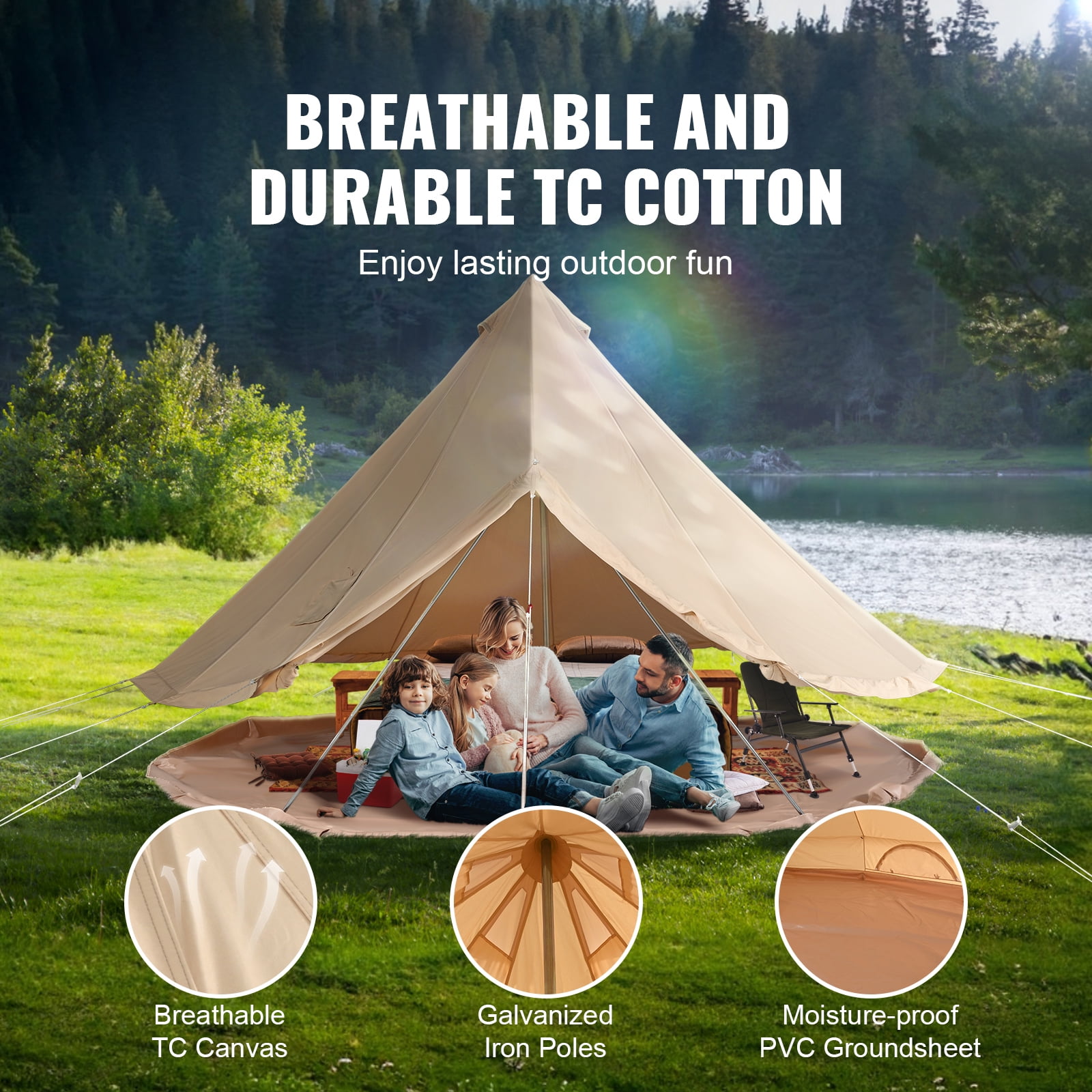 KFFKFF Fabric Bell Shelter, Year-Round 3 m/9.8ft Nomadic Tent, Camping Canvas Tent with Chimney Hole, Ventilated Shelter Accommodates 4 Individuals, Outdoor Family Camping and Hunting Gathering