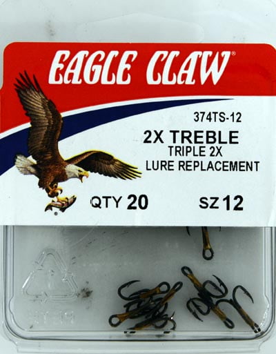 Eagle Claw Lot of 100 #8 3X Strong Regular Shank Round Bend Treble Hook L934C 