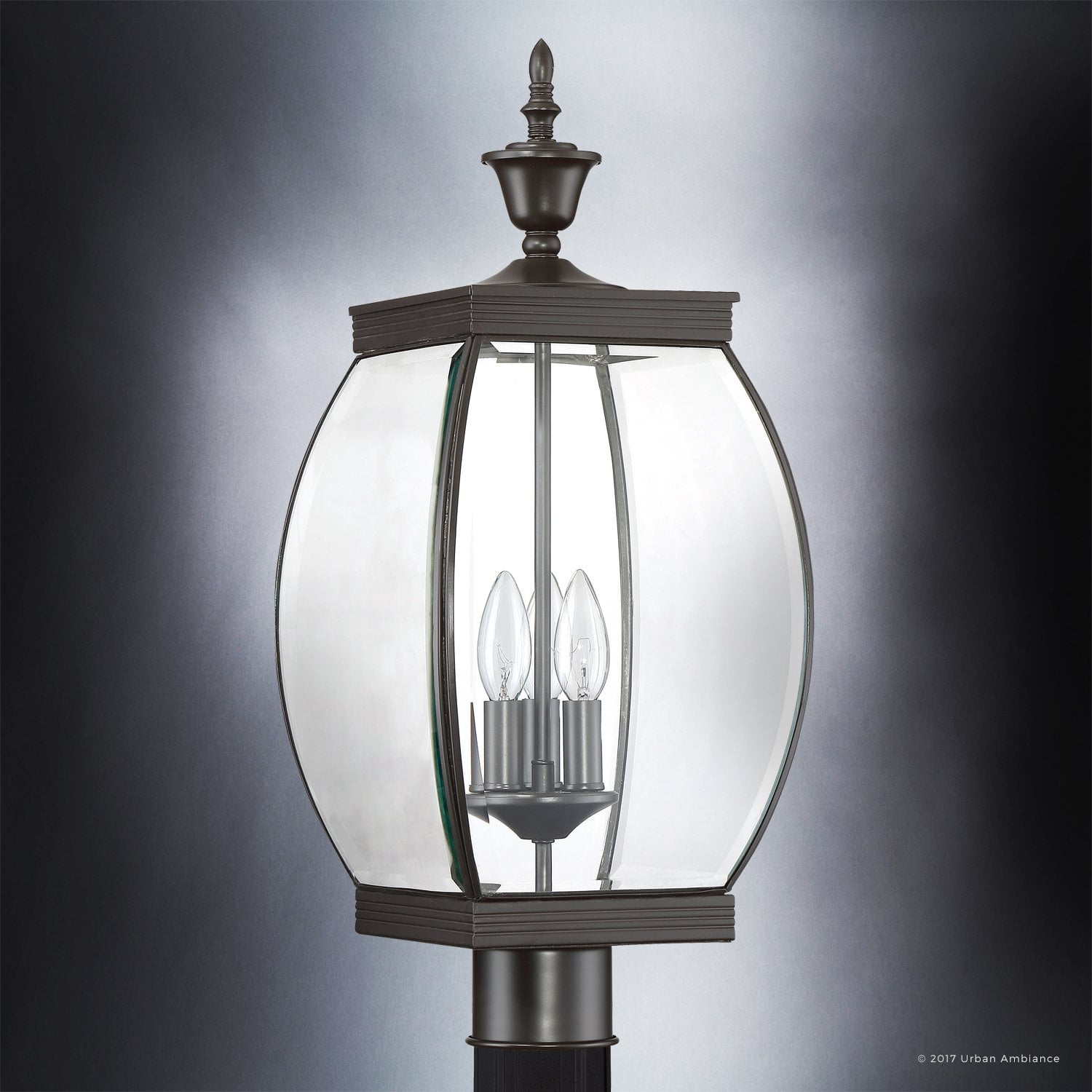 Urban Ambiance Luxury Colonial Outdoor Post Light, Large Size: 22"H x 9"W, with Transitional Style Elements, Bowed Design, Gorgeous Dark Medieval Bronze Finish and Beveled Glass, UQL1174