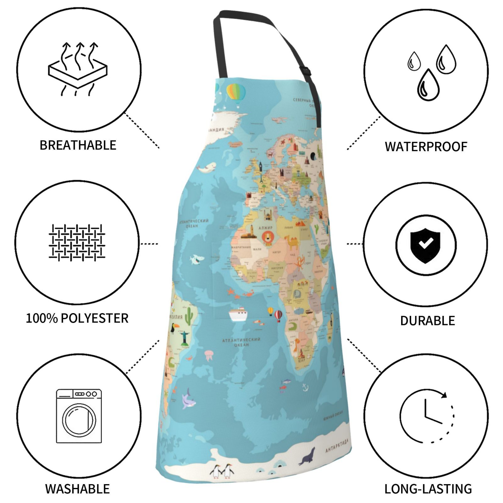 Kdxio World Map With Animals 1 Apron with Pockets Adjustable Kitchen Aprons for Men Women Waterproof Aprons for Cooking,Drawing,Crafting, Baking Household Cleaning