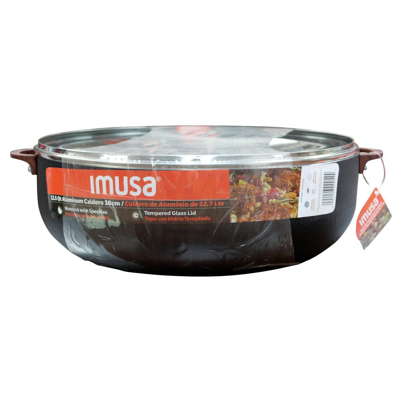 IMUSA 13.5qt Black Stone Aluminum Speckled Nonstick Caldero with Glass Lid & Wood Look Handles, Black