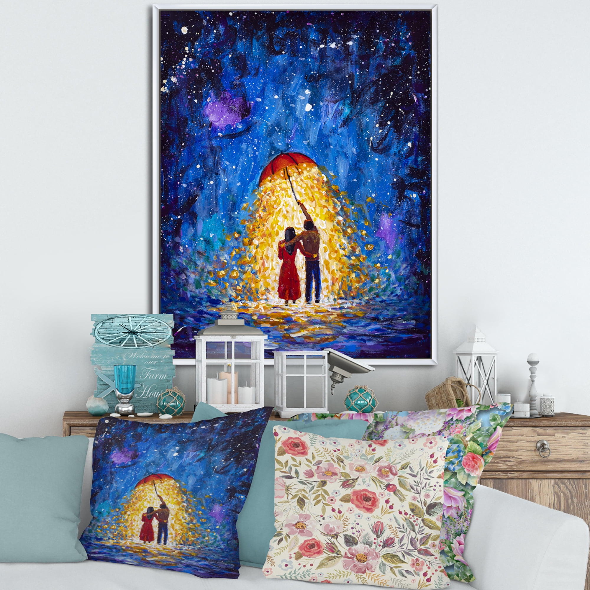 Abstract Couple In Love Walks Under Glowing Umbrella 24 in x 32 in Framed Painting Canvas Art Print, by Designart