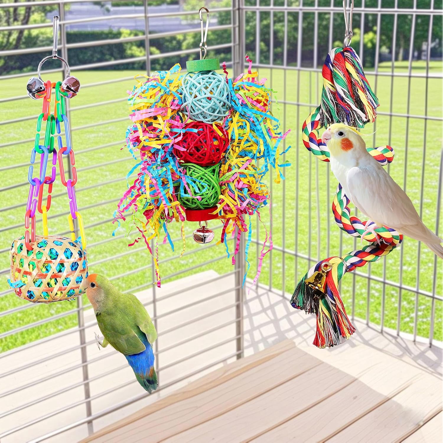 Bird Toys for Parakeet, Parrot Conure Chewing Shredding Foraging Toys with Rope Perch, Bird Cage Accessories for Cockatiel Budgies Lovebird