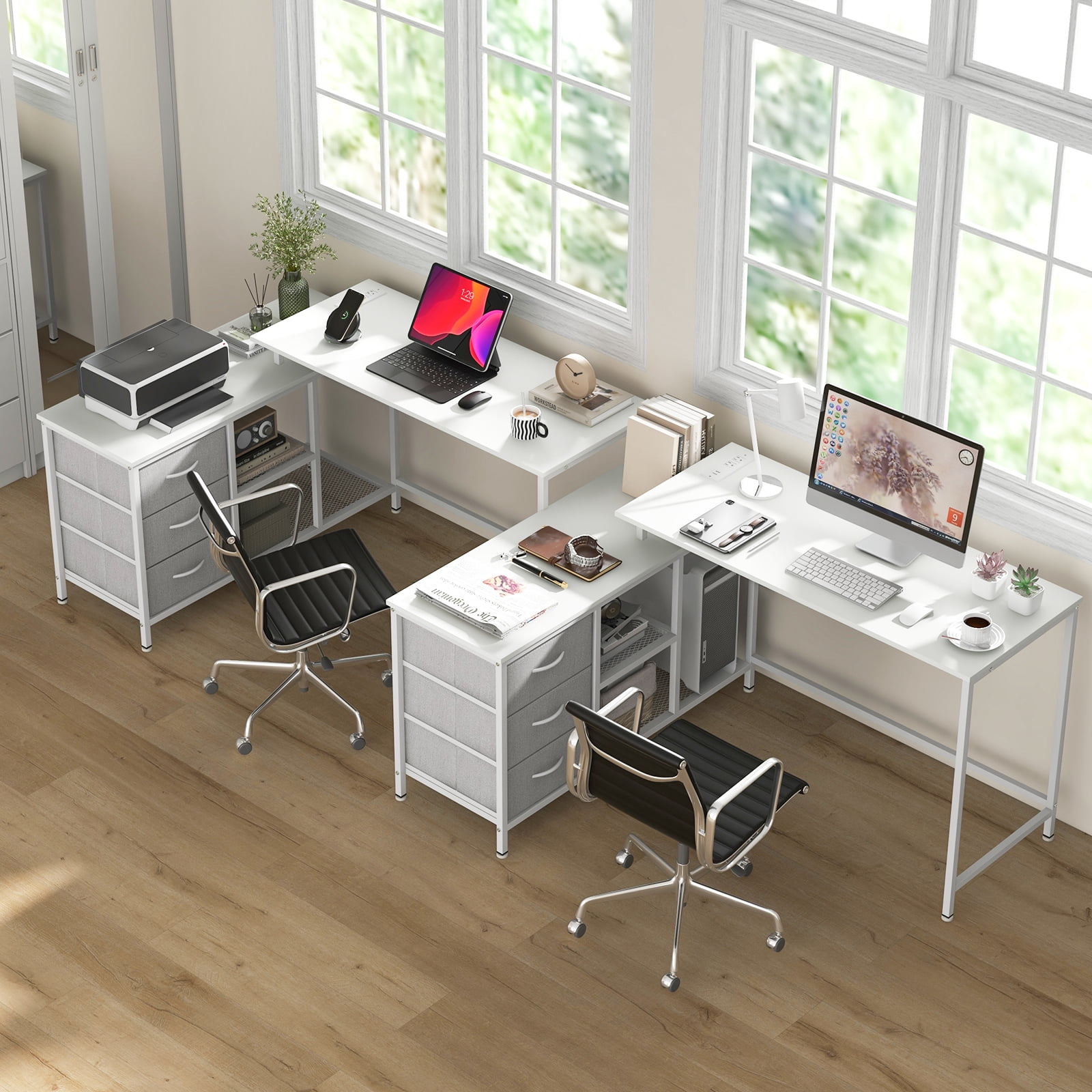 Topbuy L-Shaped Computer Desk with Drawers & Shelves 81” Convertible Home Office Desk with Charging Station White