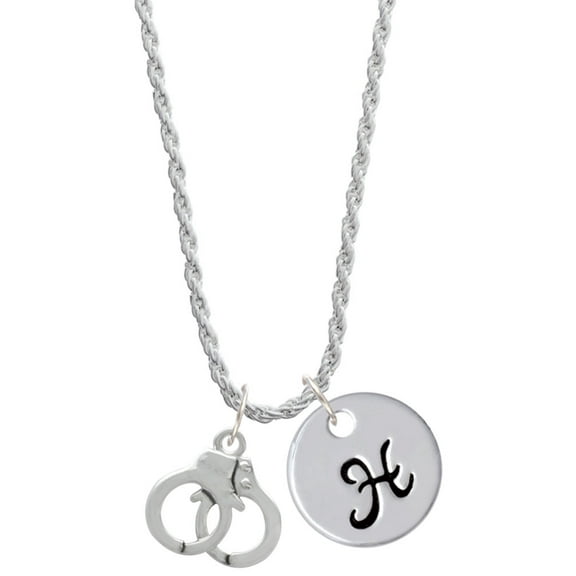 Delight Jewelry Silvertone Handcuffs Silvertone Script Initial Disc - H - Charm Necklace, 20"+3"