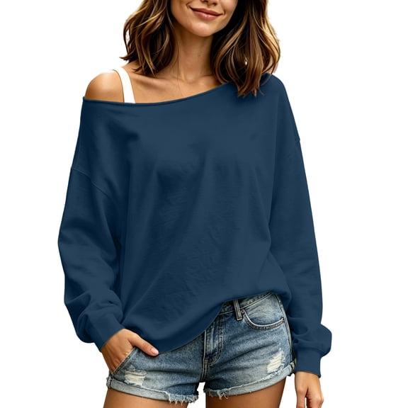 CQONEPT Off The Shoulder Tops for Women Lightweight Pullover Sweatshirt Drop Shoulder Long Sleeve Loose Casual Fall Pullover Shirts Navy S